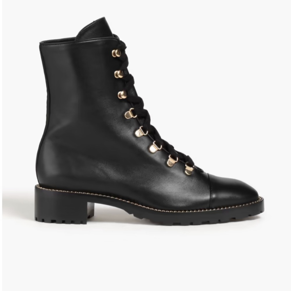 STUART WEITZMAN Kolbie chain-trimmed leather combat boots. Black. Size: EU 36.5